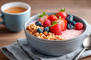 Delicious yogurt bowl topped with fresh berries and granola beside coffee Generative AI