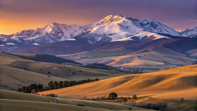mountain road in the mountains, Wide mountain landscape with snowy peaks, rolling hills, and golden sunrise light