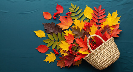Colorful autumn leaves and berries spilling out of a woven basket on a dark teal background. Fall season flat lay with copy space.