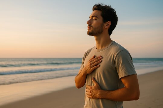 Man practicing mindfulness on a beach at sunset - Powered by Adobe