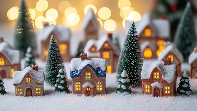 Charming Christmas village scene with cozy glowing lights and snowy roofs