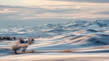 Rolling snow covered hills with distant mountains and a small farmstead winter landscape