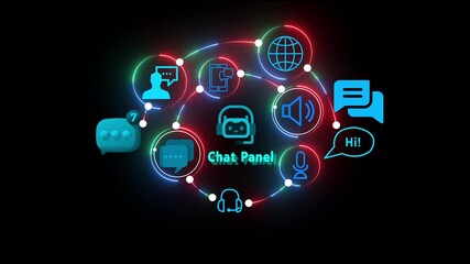 Digital Chat Panel with Neon Connectivity and Communication Icons on Black Background technology network - Powered by Adobe