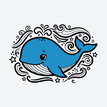 Playful Blue Whale Swimming with Decorative Swirls and Stars, in Bright Studio