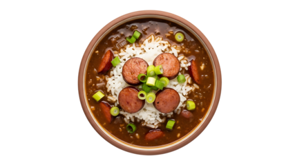 Hearty bowl of gumbo, with rice sausage and green onions, isolated on transparent background, cutout, PNG