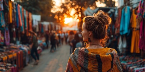 Obraz premium Attractive Woman Exploring a Vibrant and Bustling Market Full of Colorful Wares and People