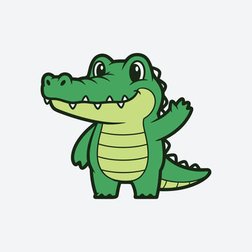 Cute Friendly Green Crocodile Waving Hand, Standing Happily on Isolated White Background