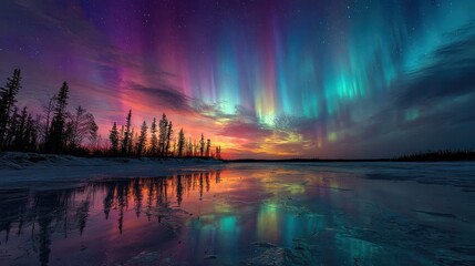 Vibrant aurora borealis lights up the sky over a frozen lake with reflections northern