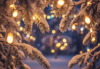 Snow-covered fir branches with glowing festive christmas lights bokeh