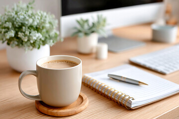 Cozy workspace with coffee cup, notebook, and computer at home Generative AI