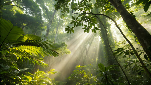 Tropical rainforest canopy with sunlight shining through dense leaves and mist in the air