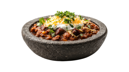 Hearty Chili in Stone Bowl isolated on a transparent background