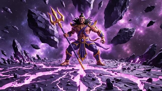 Epic cosmic battle scene featuring a formidable warrior wielding a trident
