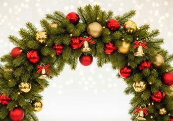 Festive christmas wreath with red and gold baubles, bells, and lights