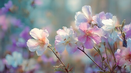 Close-up of Delicate Pastel Spring Flowers with Soft Bokeh Background and Bright Natural Sunlight, Symbolizing Renewal, Growth, and Gentle Beauty