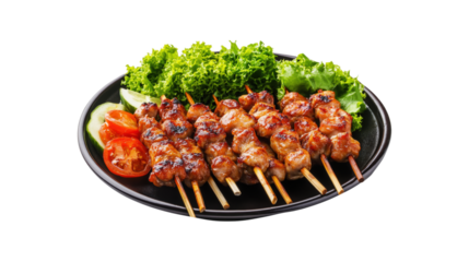 Meat skewers with salad and tomato isolated on a transparent background