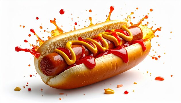 Grilled fast food hot dog snack with mustard and ketchup on a bun