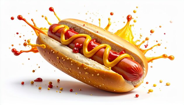 Grilled fast food hot dog snack with mustard and ketchup on a bun