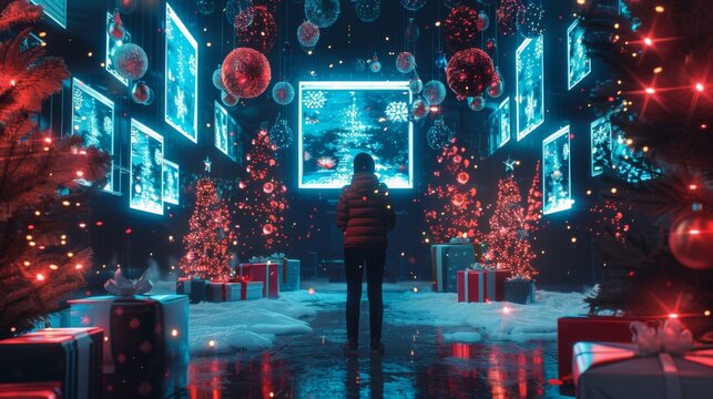 Person standing in futuristic winter room with glowing screens, Christmas trees, and holiday decorations.