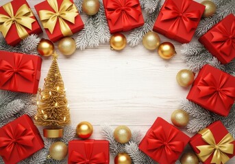 Festive christmas gift boxes, golden baubles, fir branches on white wood.