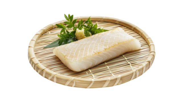 Raw fish fillet on bamboo tray isolated on a transparent background