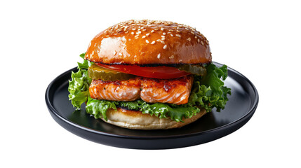 Salmon burger on black plate isolated on a transparent background