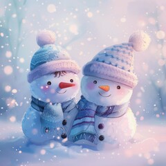 Cute snowmen in winter landscape wearing hats and scarves. Warm holiday mood and Christmas spirit.
