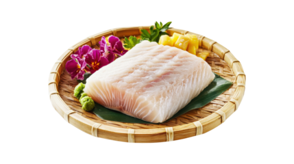 Raw white fish fillet with garnishes isolated on a transparent background