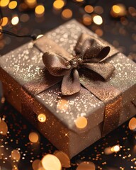 Brown gift box with satin ribbon surrounded by warm festive bokeh lights. Cozy holiday atmosphere.
