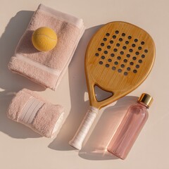 Flat lay of padel racket, towel, ball and water bottle on soft pastel background. Clean sport lifestyle composition.