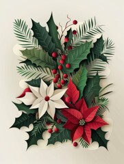 Paper-cut Christmas floral composition with holly leaves, poinsettias and winter berries. Decorative festive artwork in red, white and green tones.
