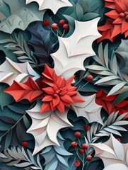 Paper-cut Christmas floral composition with holly leaves, poinsettias and winter berries. Decorative festive artwork in red, white and green tones.