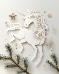 White decorative horse-unicorn illustration with paper-cut effect, gold accents and winter greenery. Elegant holiday artwork, magical and clean festive design.