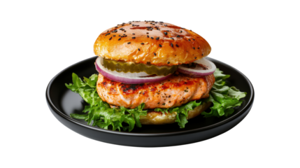 Salmon burger with lettuce onion and pickle isolated on a transparent background