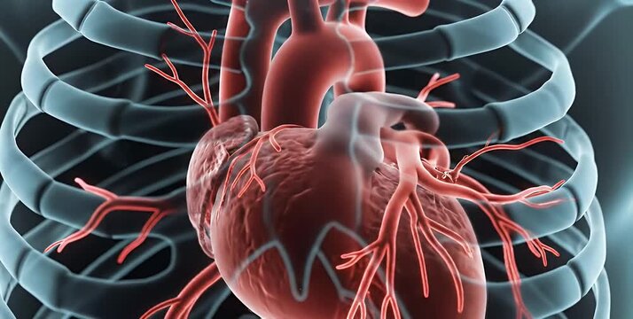 Anatomical rendering of a human heart and rib cage.