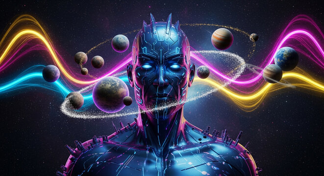 Digital Futuristic Artificial Intelligence Entity Surrounded by Planets Sci-fi Illustration