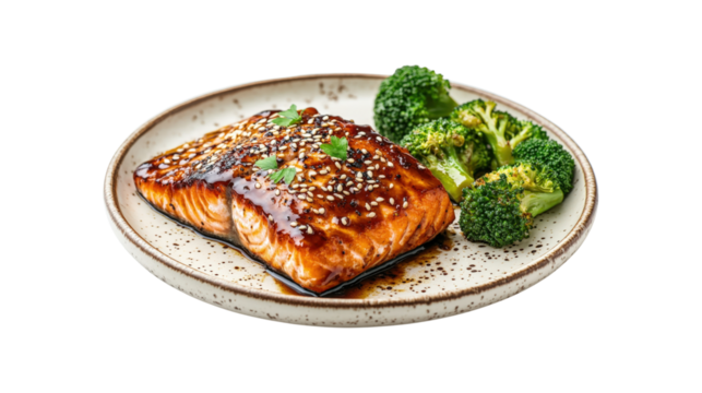 Salmon steak with broccoli isolated on a transparent background