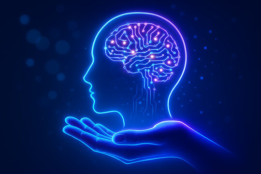 Conceptual AI design of glowing virtual brain inside head outline symbolizing machine learning data analysis and technology future - Powered by Adobe