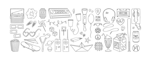 80s and 90s style. Hand drawn Vector elements set with video cassette, music tape, walkie-talkie, old telephone, wristwatch, radio, headphones, baseball bat, ball, skateboard, rock, music, nostalgia