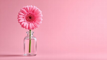 Pink gerbera daisy in a glass vase against a soft pink background.