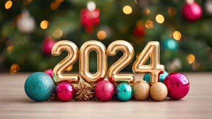 Festive New Year 2024 display with golden numbers and colorful ornaments.