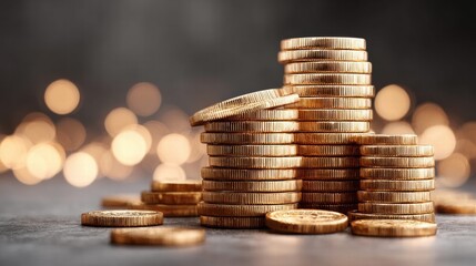 Stacks of golden coins on a surface, symbolizing wealth and finance.