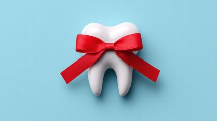 Tooth with a red ribbon on a blue background