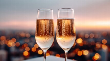 Two champagne flutes clinked together with a city skyline in the background at sunset.