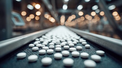 Pharmaceutical production line with pills on a conveyor belt
