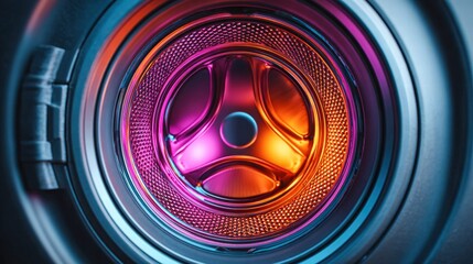 Close-up of a washing machine drum with vibrant, colorful lighting.