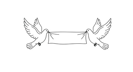 Obraz premium Two graceful white doves in flight, symbolizing peace and unity, gently carry a blank banner in their beaks, ready for a custom message or inscription.