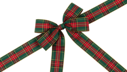 Classic Christmas tartan ribbon bow isolated on transparent background.