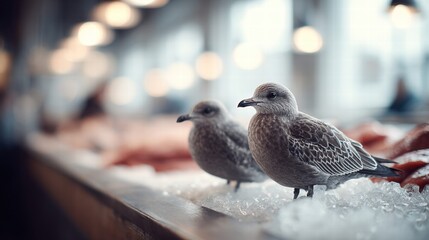 Two seagulls perched on ice at a fish market, close-up shot.