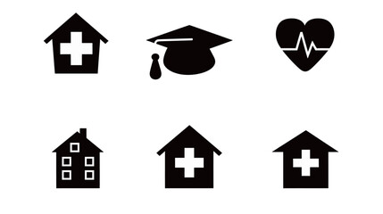 Complete collection of black silhouette graduation cap and house icons